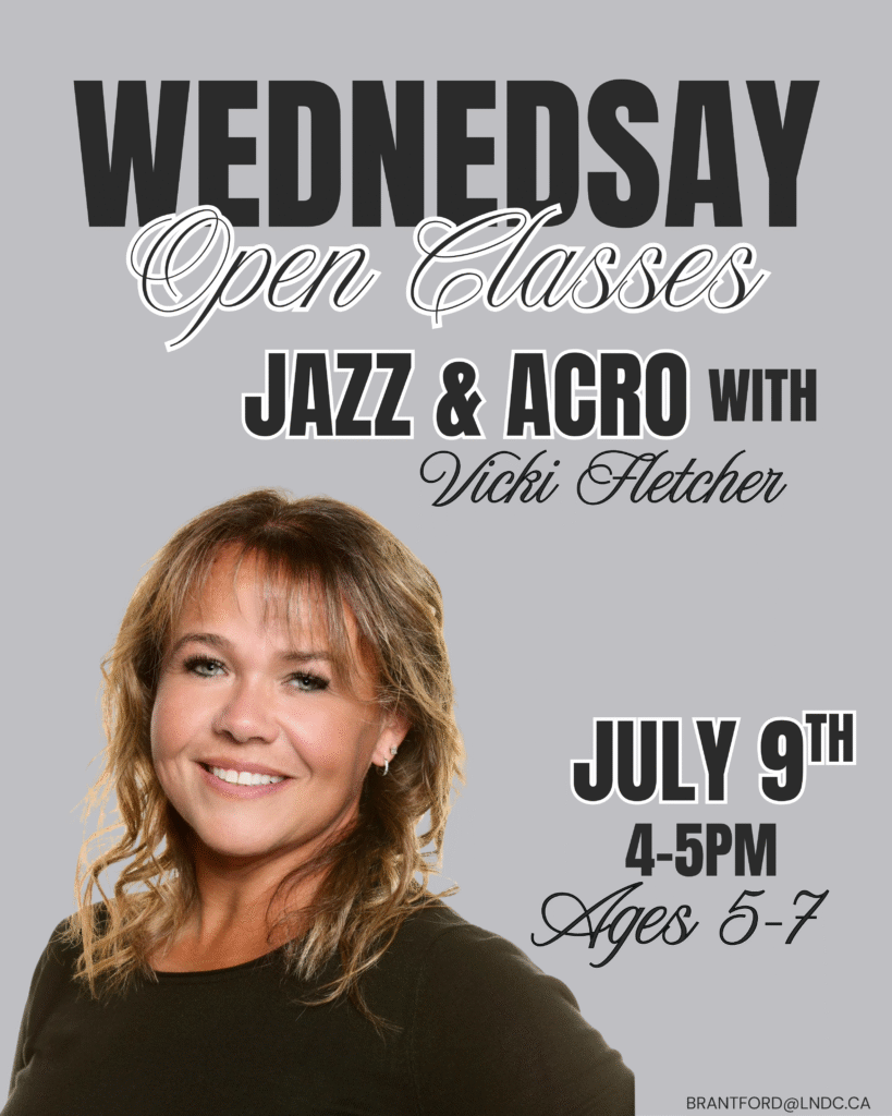Wednesday open class descriptions: Jazz and acro class, July 9, 4-5 p.m. for dancers ages 5-7, taught by Vicki Fletcher